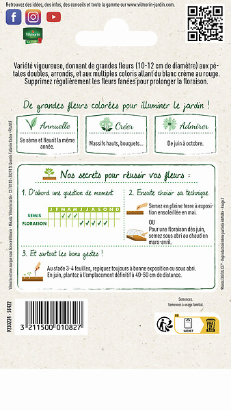 VILMORIN - Graines Zinnia à Fleur Monstrueuse - Multicolore - 2 g - large