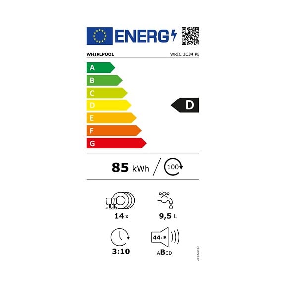 WHIRLPOOL - lave-vaisselle 60cm 14 couverts 44db tout intégrable - wric3c34pe - large