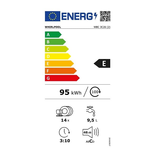 WHIRLPOOL - lave-vaisselle 60cm 14 couverts 46db intégrable avec bandeau - wbc3c26 - large