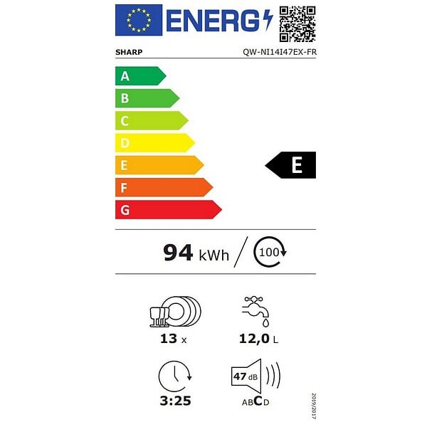 SHARP - lave-vaisselle 60cm 13 couverts 47db tout intégrable - qwni14i47ex - large