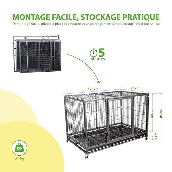 PAITSY - Cage pour chien intérieur et extérieur MouvedyXL, 123x79x84cm, caisse de transport, roues verrouillables, pliable, 2 portes, plateau amovible, Paitsy - large