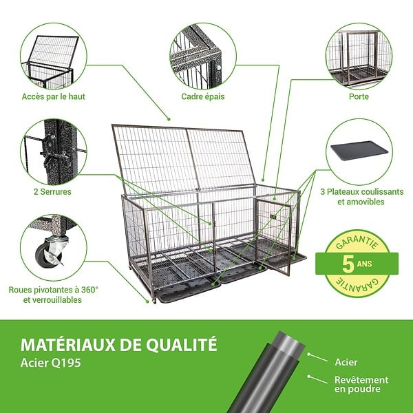 PAITSY - Cage pour chien intérieur et extérieur Mouvedy2XL, 180x93x89cm, caisse de transport, roues verrouillables, pliable, 2 portes, plateau amovible,Paitsy - large