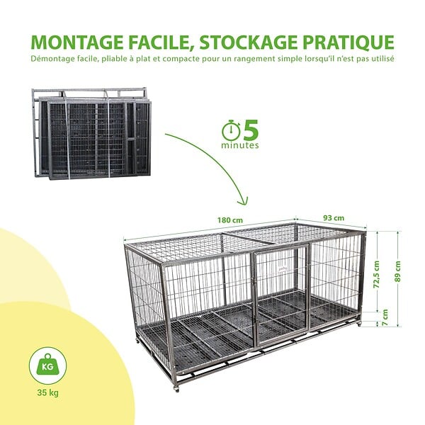 PAITSY - Cage pour chien intérieur et extérieur Mouvedy2XL, 180x93x89cm, caisse de transport, roues verrouillables, pliable, 2 portes, plateau amovible,Paitsy - large