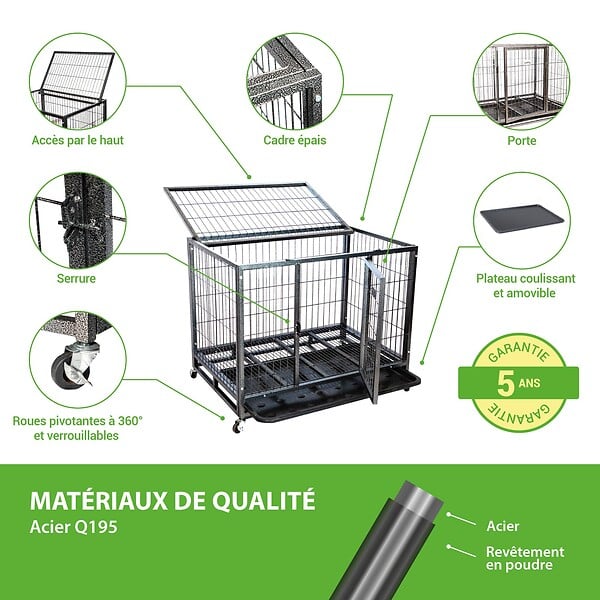 PAITSY - Cage pour chien intérieur et extérieur MouvedyL, 94x64x76cm, caisse de transport, roues verrouillables, pliable, 2 portes, plateau amovible, Paitsy - large