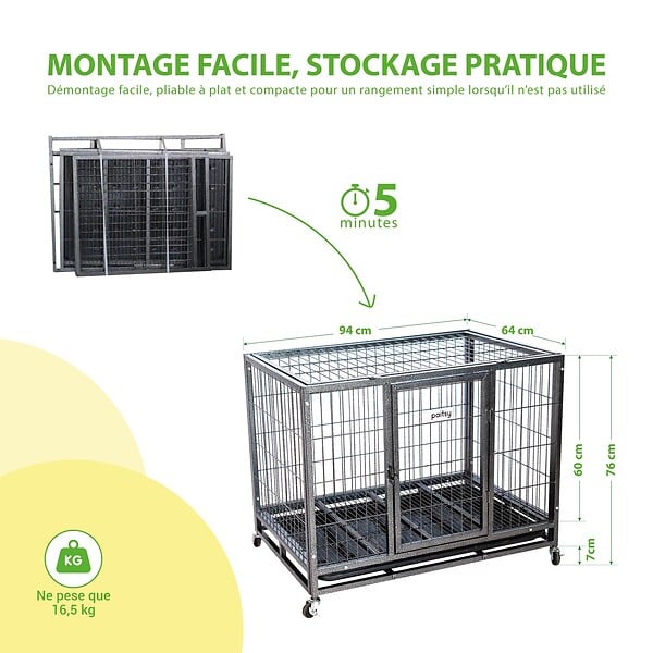 PAITSY - Cage pour chien intérieur et extérieur MouvedyL, 94x64x76cm, caisse de transport, roues verrouillables, pliable, 2 portes, plateau amovible, Paitsy - large