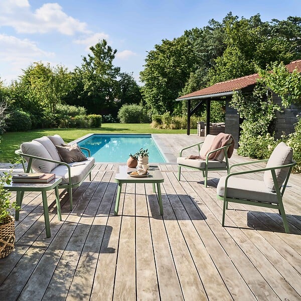 OVIALA - Salon de jardin 5 place en aluminium vert - Pampelonne - large
