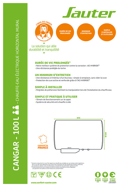 SAUTER - Chauffe-eau électrique horizontal mural 100L ACI Hybride - large