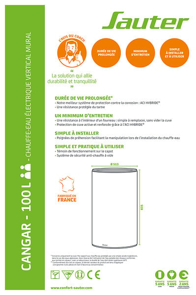 SAUTER - Chauffe-eau électrique mural - Cangar ACI Hybride - 100L - large