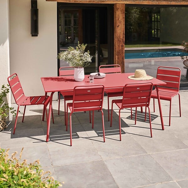 OVIALA - Ensemble table de jardin et 6 chaises en métal rouge - Palavas - large