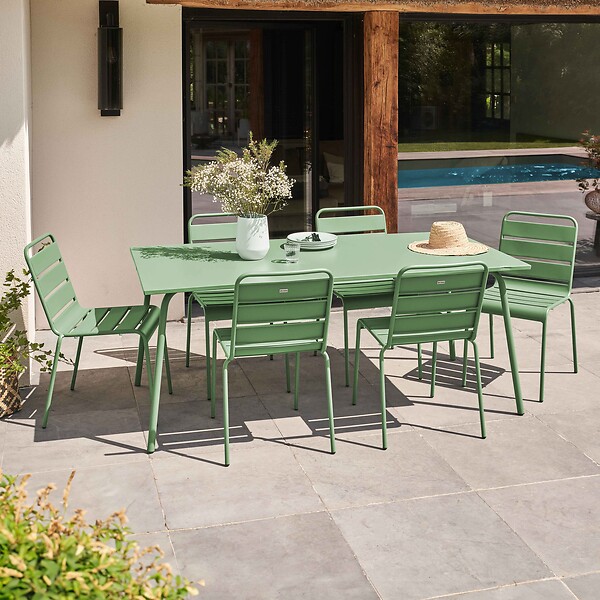 OVIALA - Ensemble table de jardin et 6 chaises en métal vert cactus  - Palavas - large