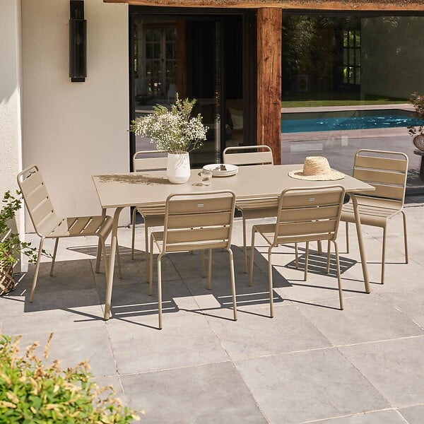 OVIALA - Ensemble table de jardin et 6 chaises en métal taupe - Palavas - large
