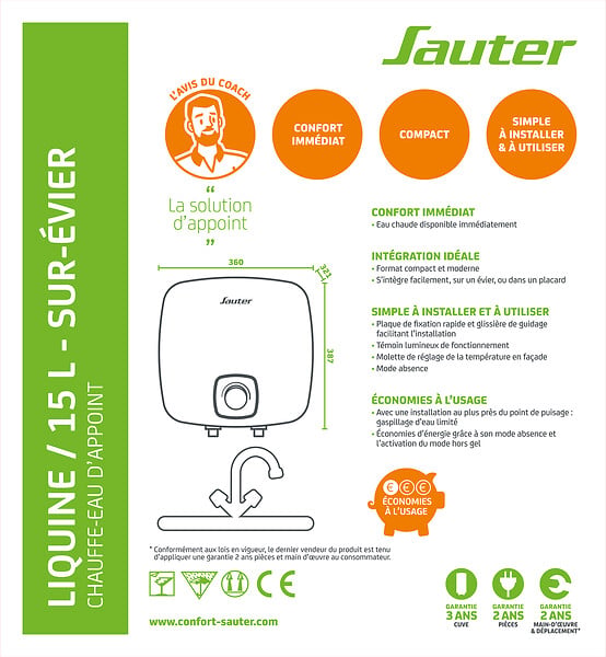SAUTER - Chauffe-eau électrique sur-évier 15L - 2000W - large