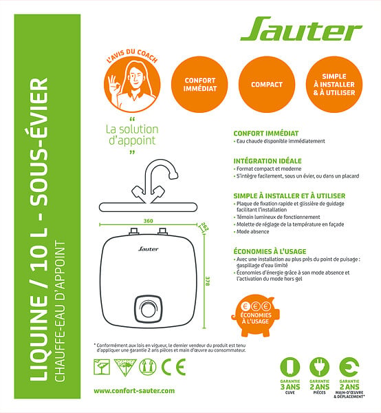SAUTER - Chauffe-eau sous évier - 10L - 2000W - large