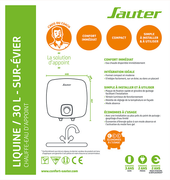 SAUTER - Chauffe-eau électrique instantané sur-évier - 30L - 2kW - large