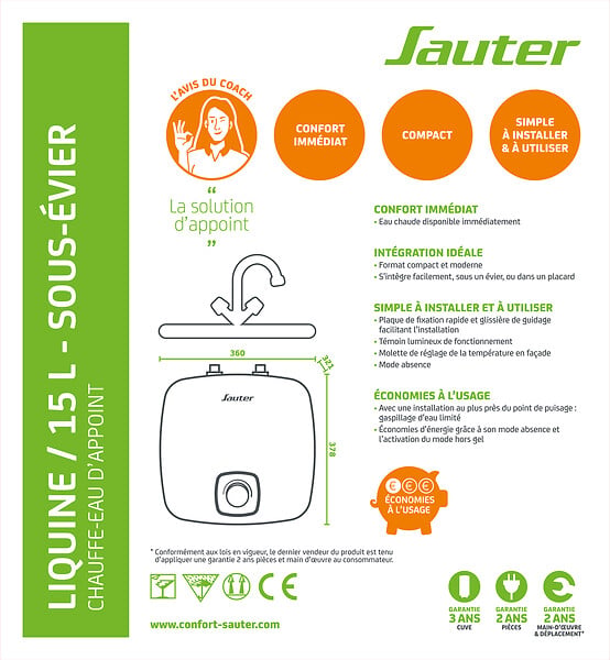 SAUTER - Chauffe-eau électrique instantané sous-évier Liquine - 15L - large