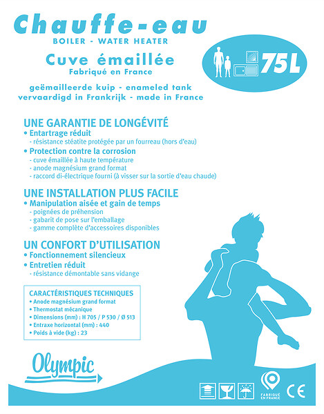 OLYMPIC - Chauffe-eau électrique vertical mural 75L - Stéatite - 1200W - large