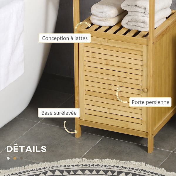 KLEANKIN - Meuble bas salle de bain rangement salle de bain 1 porte 2 étagères bois bambou verni - large