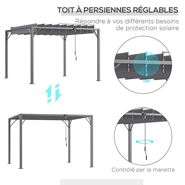 OUTSUNNY - Pergola lames orientables dim. 2,9L x 2,95l x 2,13H m structure alu. acier époxy polyester gris - large