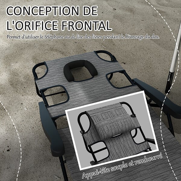 OUTSUNNY - Bain de soleil transat pliable inclinable - coussins, espace tête - acier noir polyester gris chiné - large