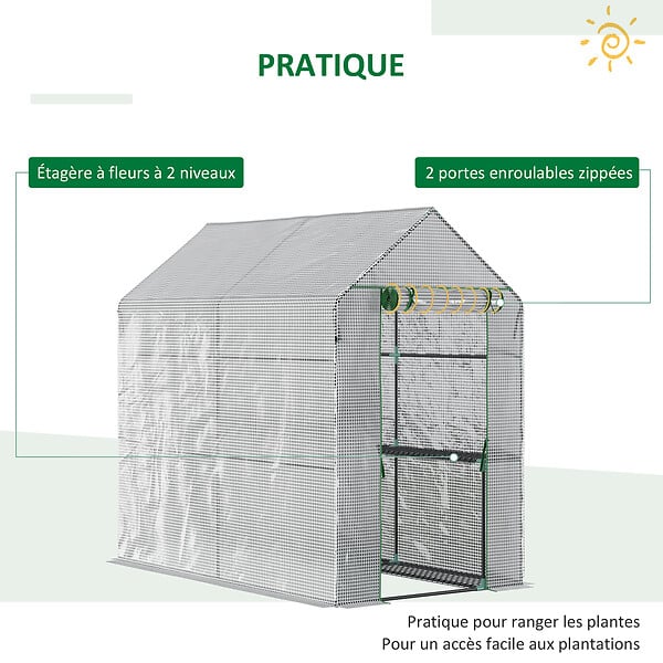 OUTSUNNY - Serre de jardin 2 tablettes dim. 1,86L x 1,2l x 1,9H m porte déroulante acier PE haute densité 140 g/m² transparent blanc - large