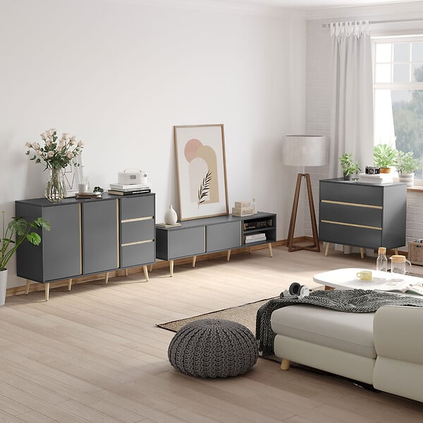 HOMCOM - Meuble TV banc TV 2 portes 2 niches design scandinave panneaux particules gris aspect bois clair - large