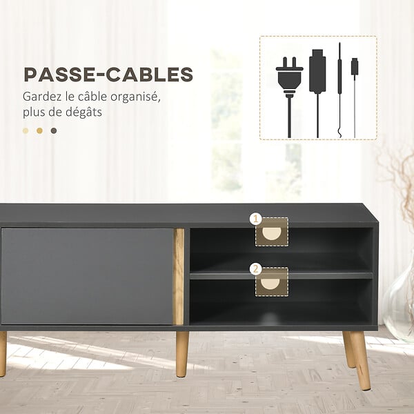 HOMCOM - Meuble TV banc TV 2 portes 2 niches design scandinave panneaux particules gris aspect bois clair - large
