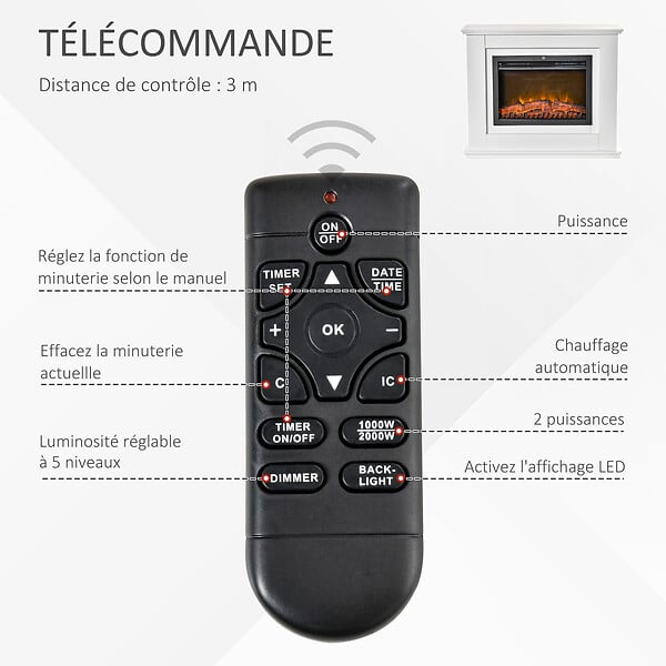 HOMCOM - Cheminée électrique grande taille 2000 W  effet flammes LED minuterie température luminosité réglables télécommande fournie blanc - large
