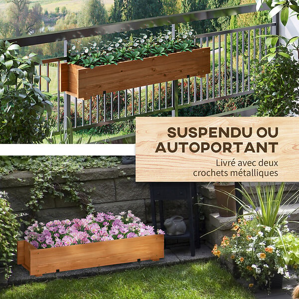 OUTSUNNY - Jardinière suspendue pour fleurs plantes - balconnière - crochets, système d'irrigation intégrés - bois sapin pré-huilé - large