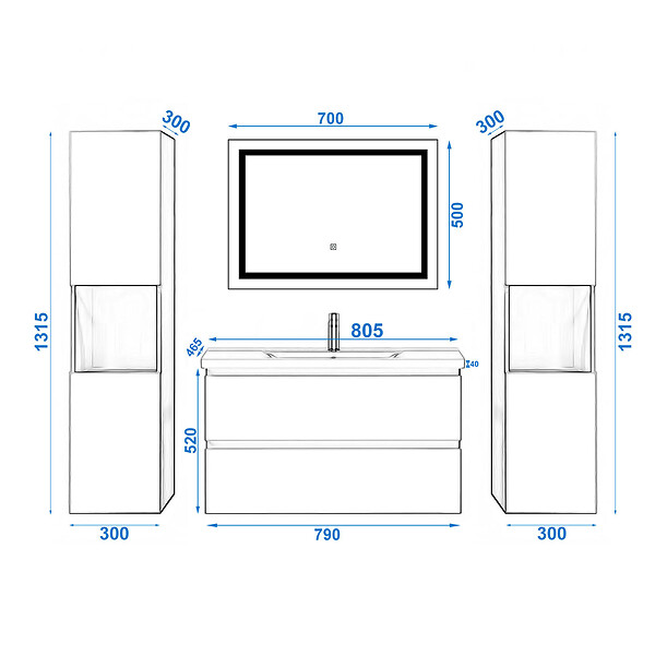 AICA SANITAIRE - Ensemble meuble de salle de bain 80cm, vasque céramique + colonne haut x2 + LED miroir, blanc - large