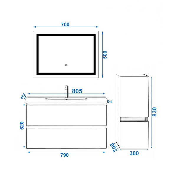 AICA SANITAIRE - Ensemble meuble de salle de bain 80cm, vasque céramique + colonne bas + LED miroir, blanc - large