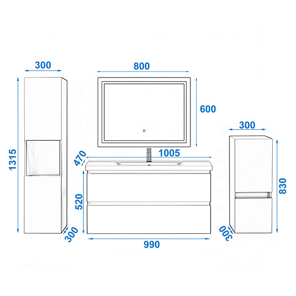 AICA SANITAIRE - Ensemble meuble de salle de bain avec tiroirs 100cm, vasque céramique + colonne x2 + LED miroir, blanc - large