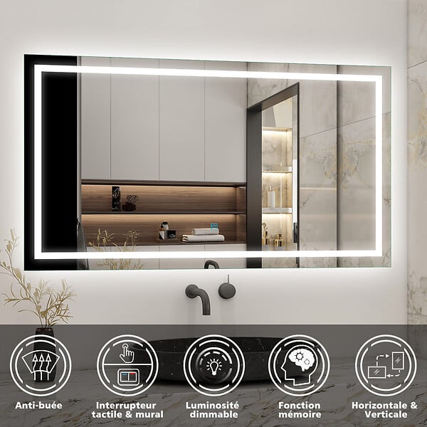 AICA SANITAIRE - Ensemble meuble de salle de bain avec tiroirs 120cm, vasque céramique et LED miroir, blanc - large