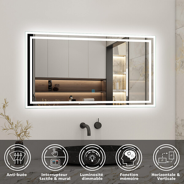 AICA SANITAIRE - Ensemble meuble de salle de bain 60cm, vasque céramique et LED miroir mural, blanc - large
