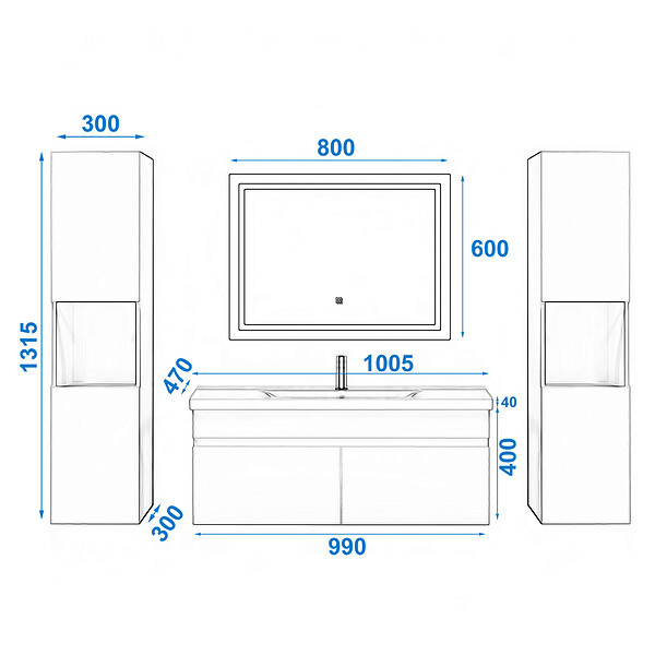 AICA SANITAIRE - Ensemble meuble de salle de bain 100cm, vasque céramique + colonne haut x2 + LED miroir, blanc - large