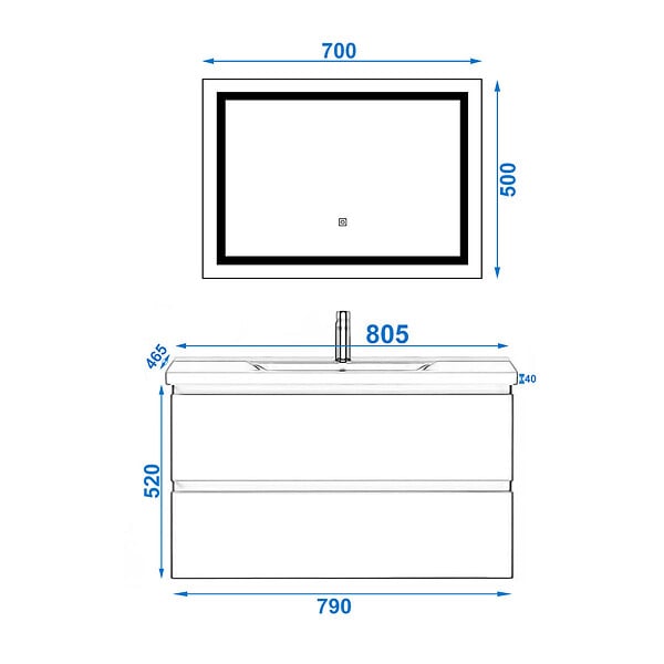 AICA SANITAIRE - Ensemble meuble de salle de bain 80cm, vasque céramique et LED miroir, blanc - large