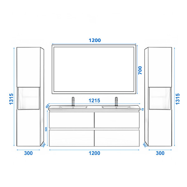 AICA SANITAIRE - Ensemble meuble de salle de bain 120cm, vasque céramique + colonne haut x2 + LED miroir, anthracite - large