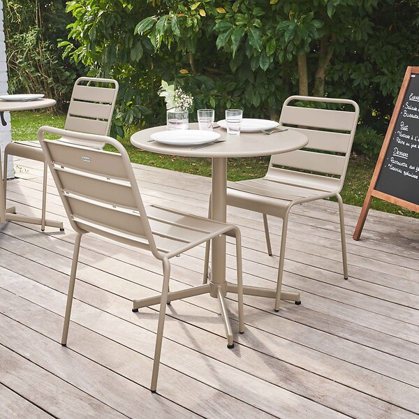 OVIALA - Ensemble table de jardin ronde et 2 chaises métal taupe - Palavas - large