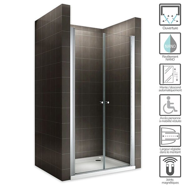 SANIVERRE - GINA Porte de douche H.180 x L. 96 à 100 cm verre transparent 6 mm - large