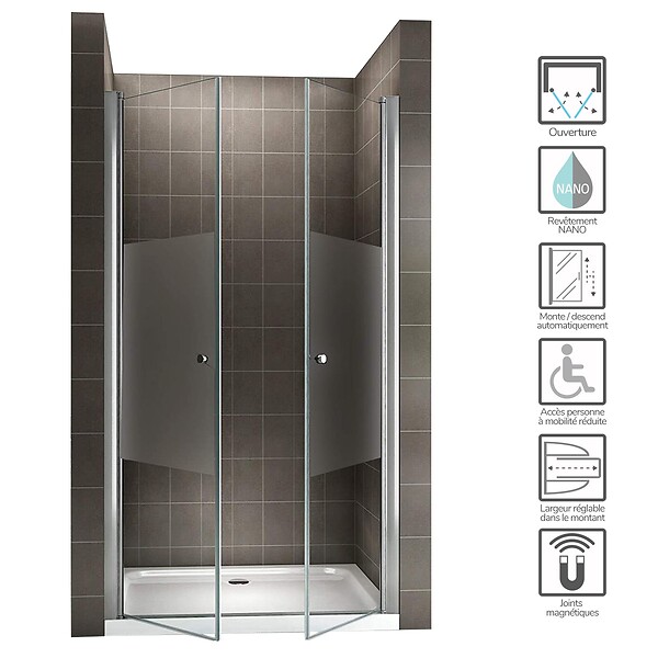 SANIVERRE - GINA Porte de douche H.185 x L. 76 à 80 cm verre semi-opaque 6 mm - large