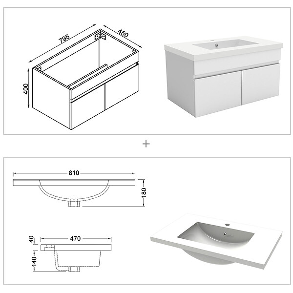 AICA SANITAIRE - Meubles simple vasque 80cm vasque + miroir 3 couleurs lumineux Blanc - large