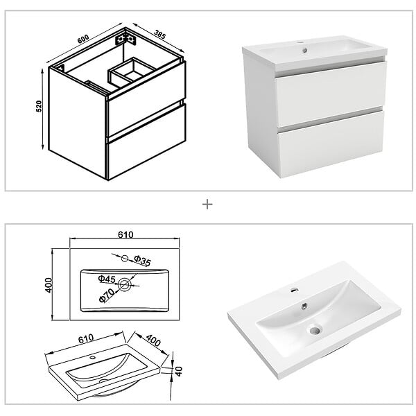 AICA SANITAIRE - Ensemble meubles Salle de Bain 60cm vasque + miroir lumineux Blanc - large
