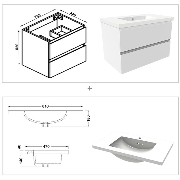 AICA SANITAIRE - Ensemble meubles Salle de Bain 80cm vasque + miroir 3 couleurs lumineux Blanc - large
