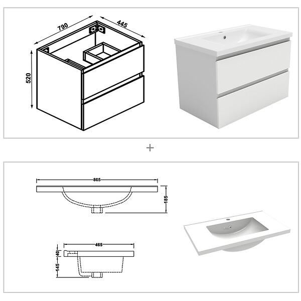 AICA SANITAIRE - Meuble Salle de Bain 80cm Blanc simple vasque et miroir lumineux 3 couleurs et dimmable - large
