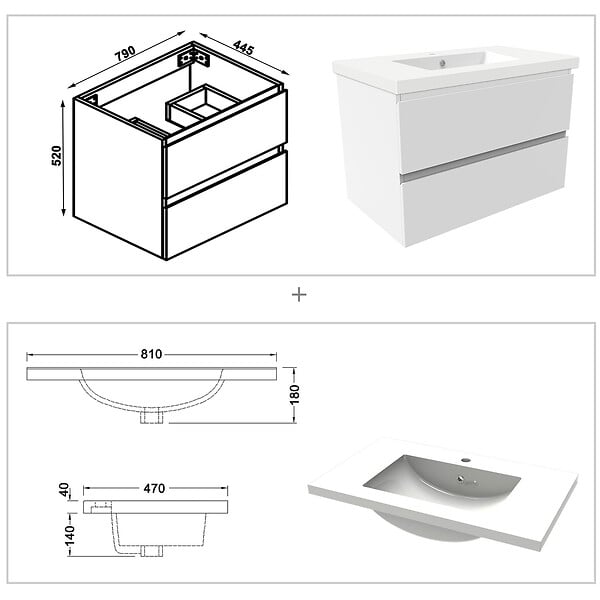 AICA SANITAIRE - Ensemble meubles Salle de Bain 80cm vasque + miroir lumineux Blanc - large