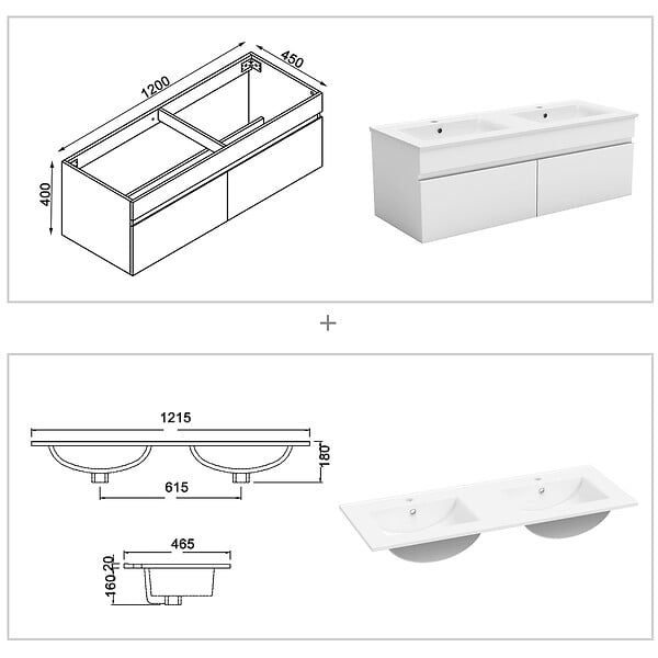 AICA SANITAIRE - Ensemble meuble Salle de Bain 120cm double vasque avec colonne + miroir lumineux dimmable blanc - large