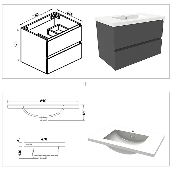AICA SANITAIRE - Ensemble meubles Salle de Bain 80cm vasque + miroir 3 couleurs lumineux Anthracite - large