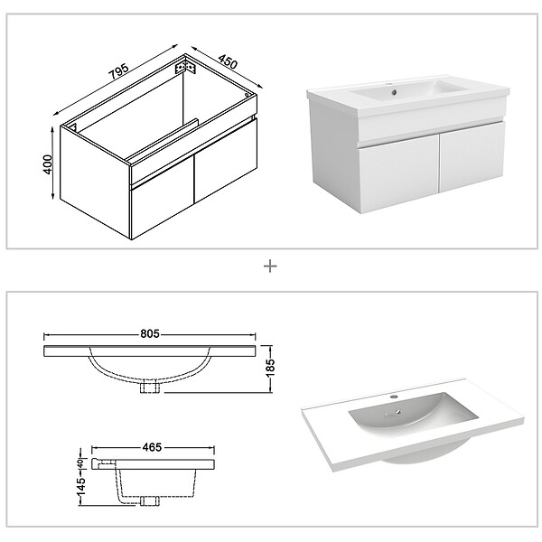 AICA SANITAIRE - Ensemble meuble Salle de Bain 80cm avec colonne et miroir lumineux dimmable mural blanc - large