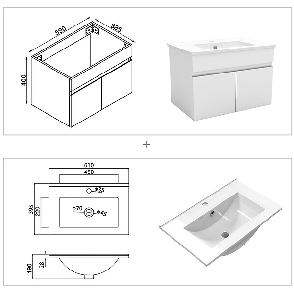 AICA SANITAIRE - Meuble simple vasque 60cm avec miroir 3 couleurs et dimmable blanc - large