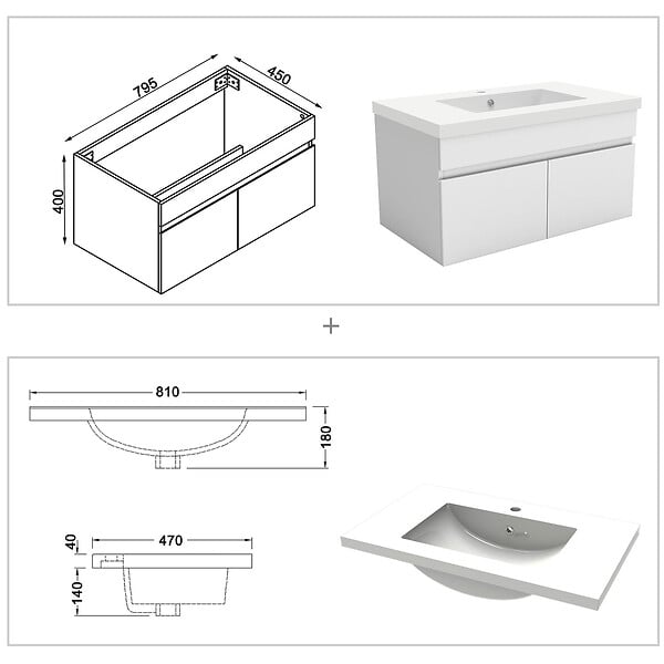 AICA SANITAIRE - Meubles simple vasque 80cm vasque + miroir lumineux Blanc - large