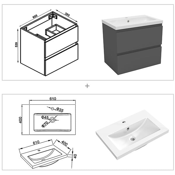 AICA SANITAIRE - Ensemble meubles Salle de Bain 60cm vasque + miroir lumineux Anthracite - large